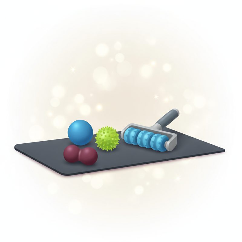 Representative set of textured massage balls and a handheld roller on a gym mat