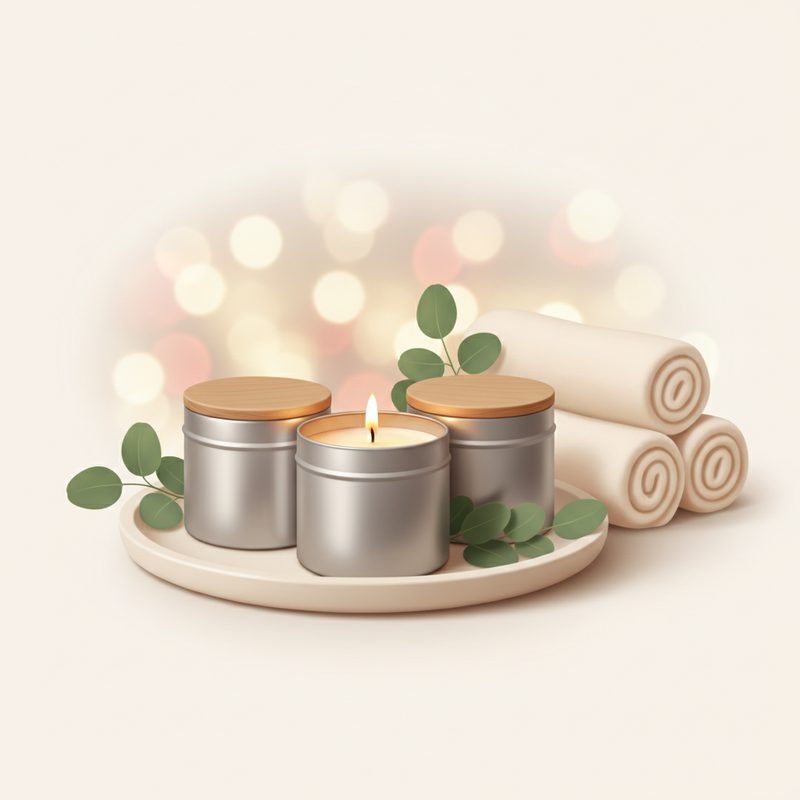 Representative set of small candles in tins arranged with folded towels