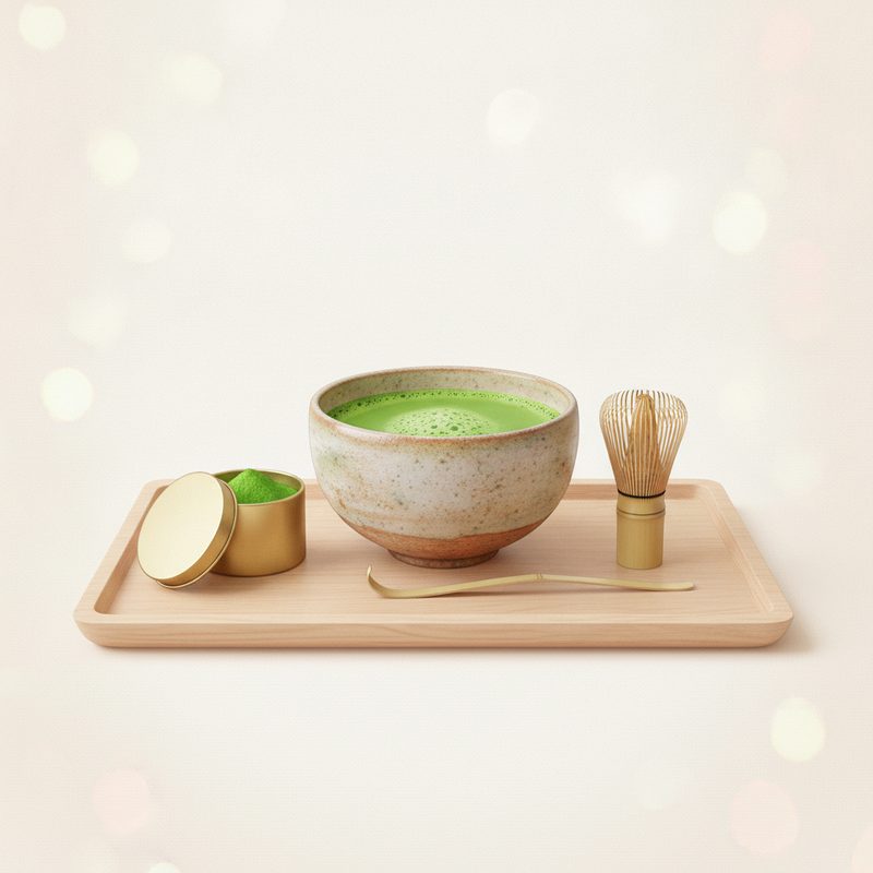 Representative matcha starter kit with bamboo whisk, ceramic bowl, and green tea powder