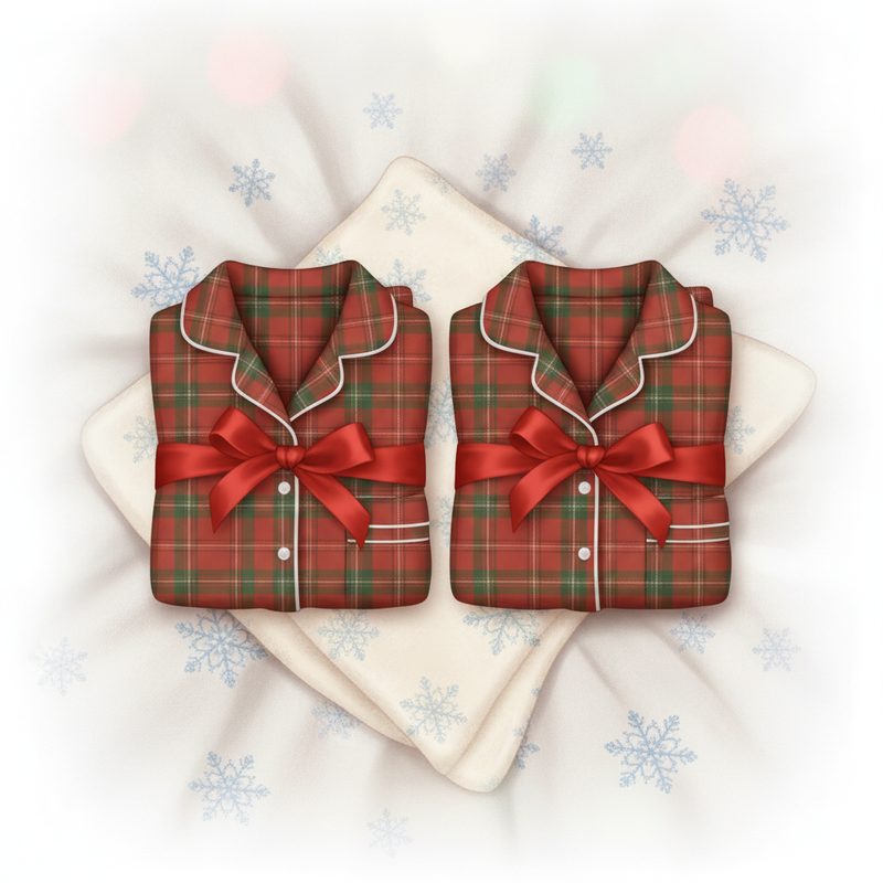 Representative pair of matching festive pajama sets folded side by side