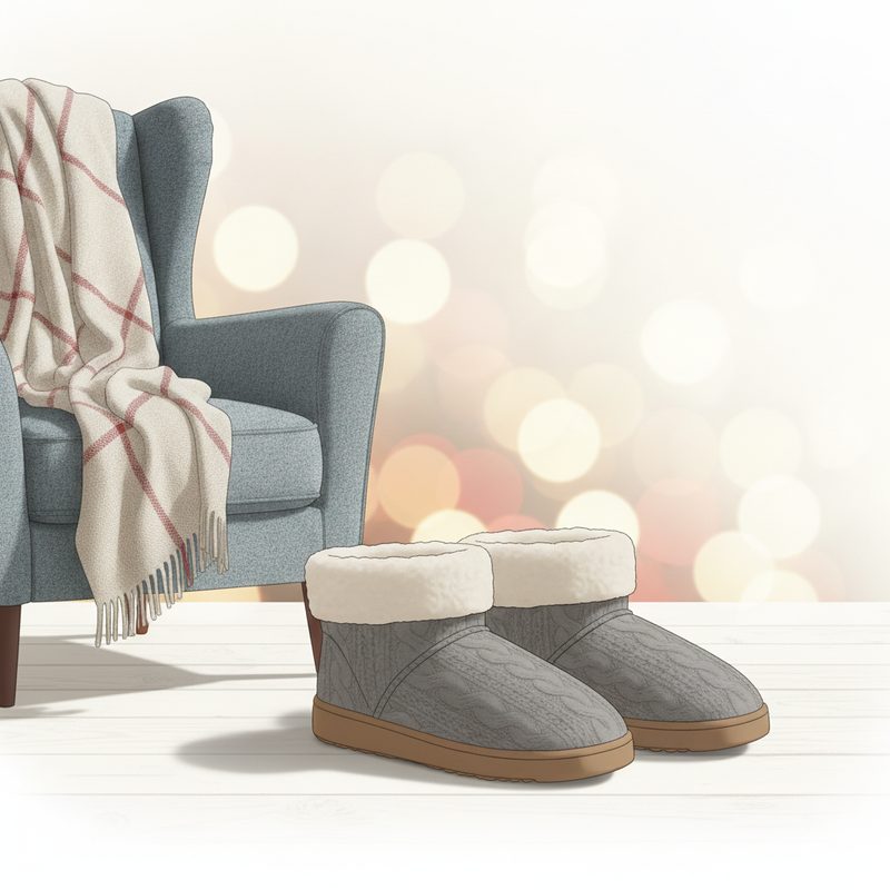 Representative pair of grey knit slipper boots with fleece cuffs beside an armchair