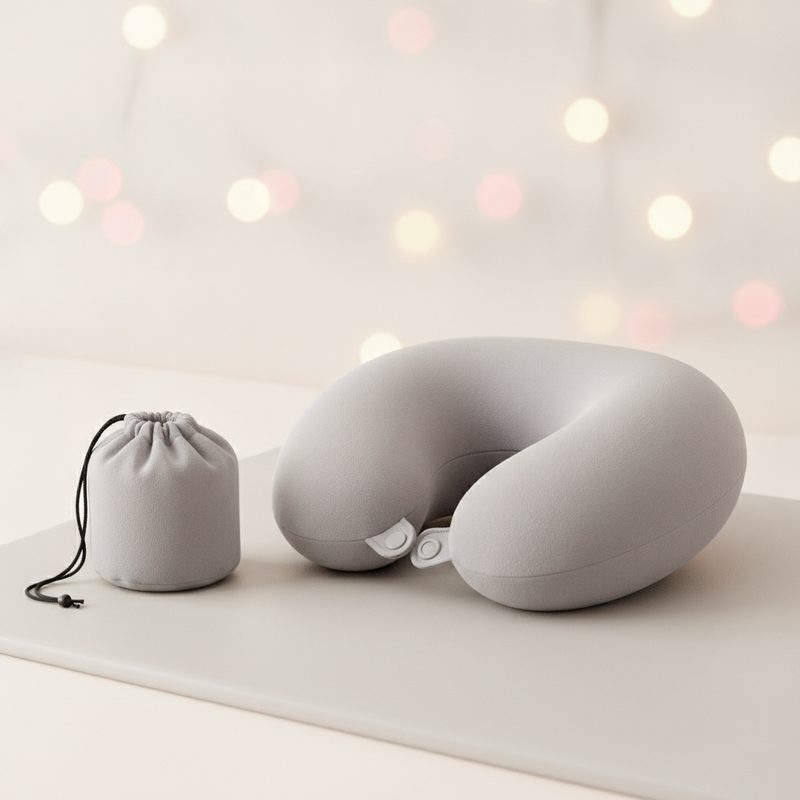 Representative memory foam neck pillow resting on an airplane seat