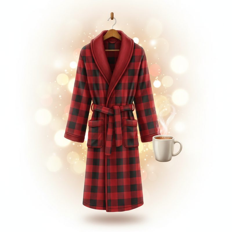 Representative plaid flannel robe hanging beside a steaming mug