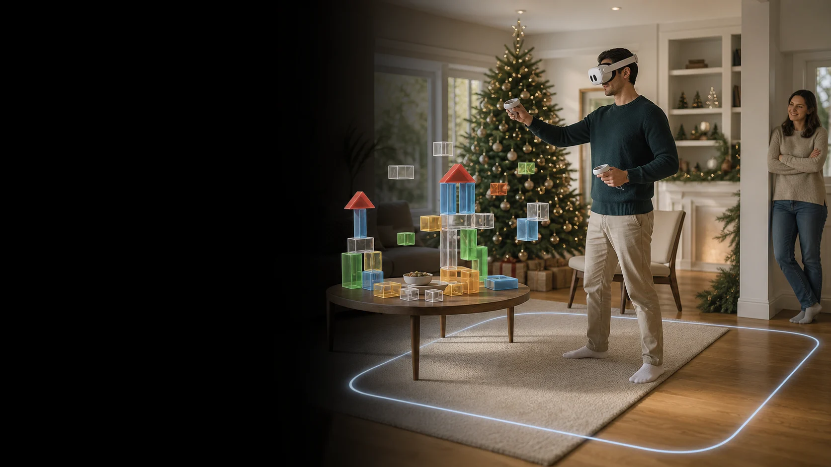 Representative adult using a generic mixed-reality headset inside a clear play boundary