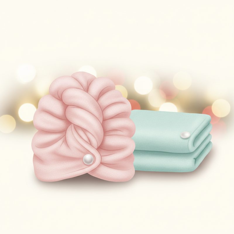 Representative microfibre hair towel wrap twisted and buttoned in place
