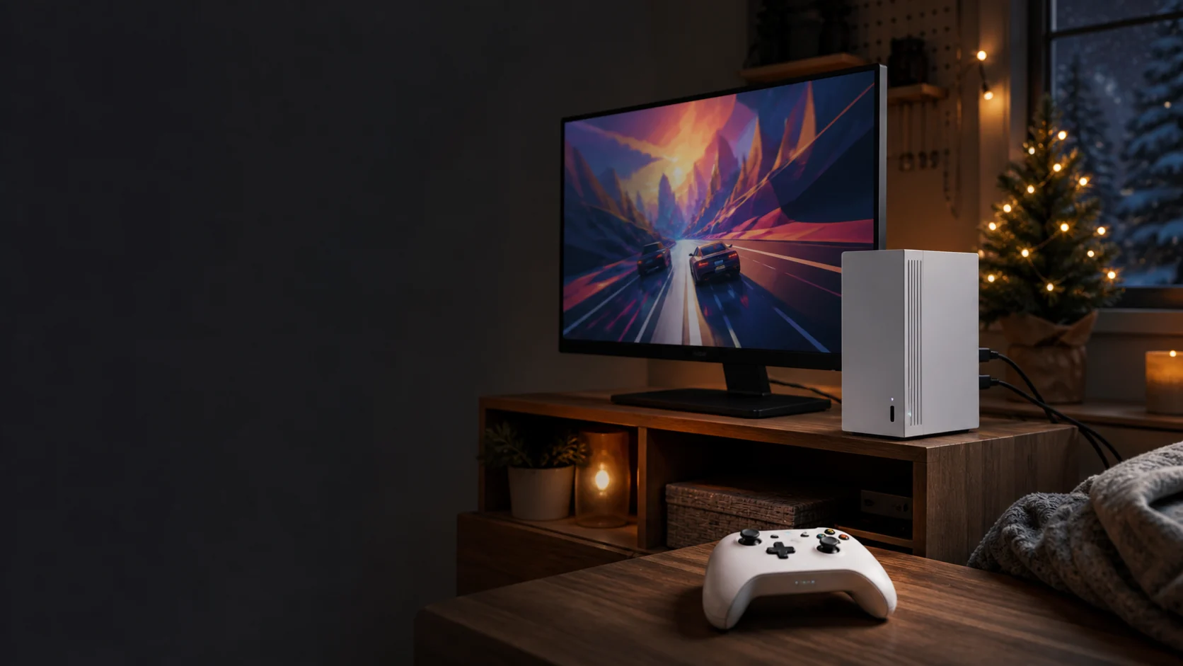 Representative compact digital game console in a small winter bedroom setup