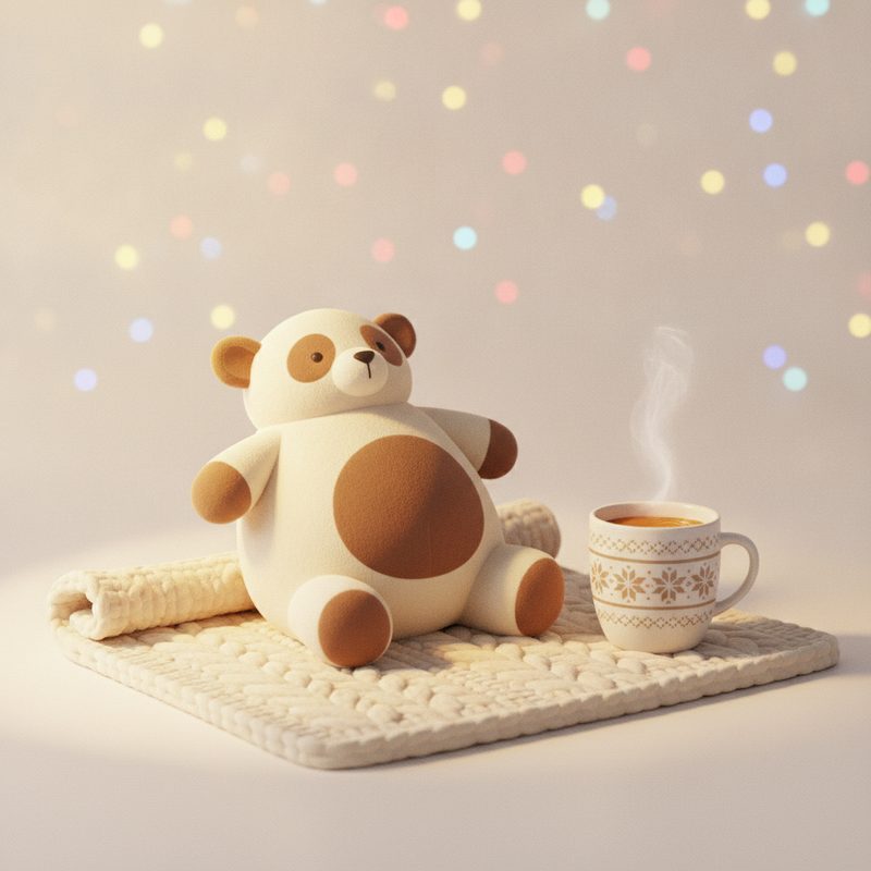 Representative soft plush animal resting on a knit blanket near a mug