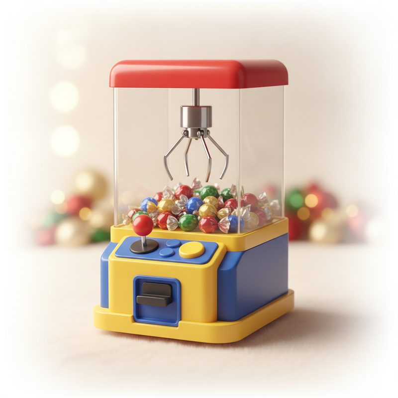 Representative tabletop claw machine cabinet filled with small candies