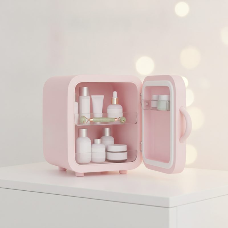 Representative small pastel mini fridge stocked with skincare bottles on a vanity