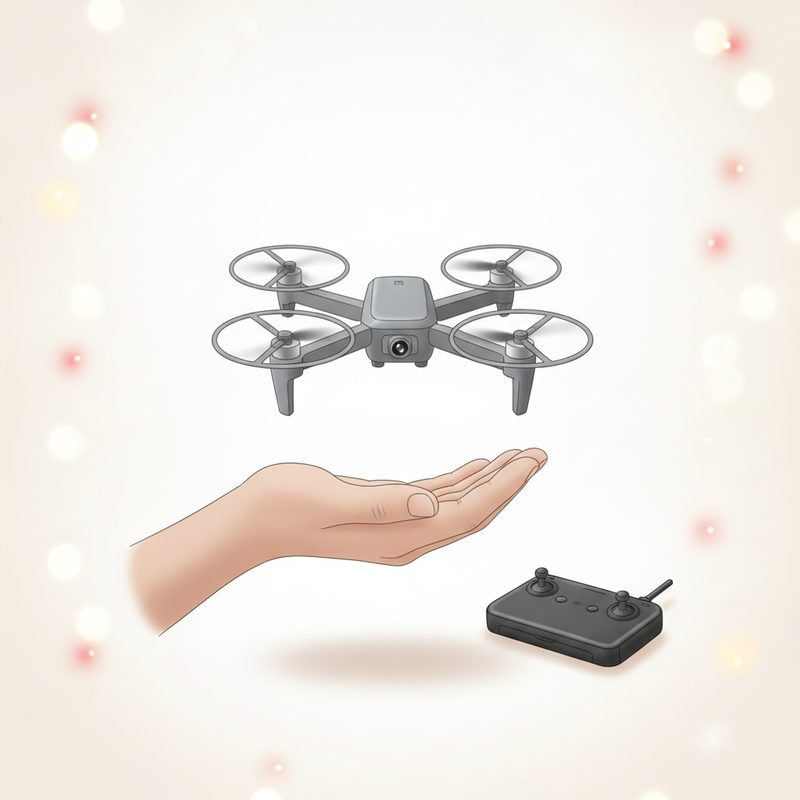 Representative mini quadcopter drone with camera hovering above an open palm