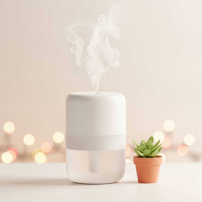 Representative small desk humidifier releasing fine mist beside a plant