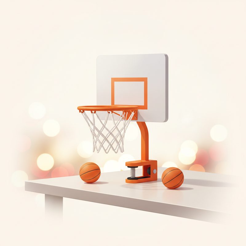 Representative miniature basketball hoop mounted at the edge of an office desk