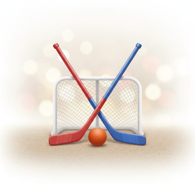 Representative pair of mini hockey sticks with a soft ball and small net
