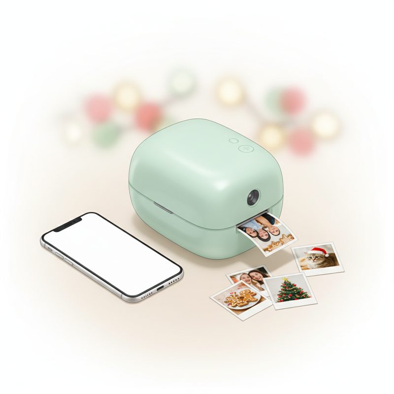 Representative palm-sized photo printer producing a small print beside a phone
