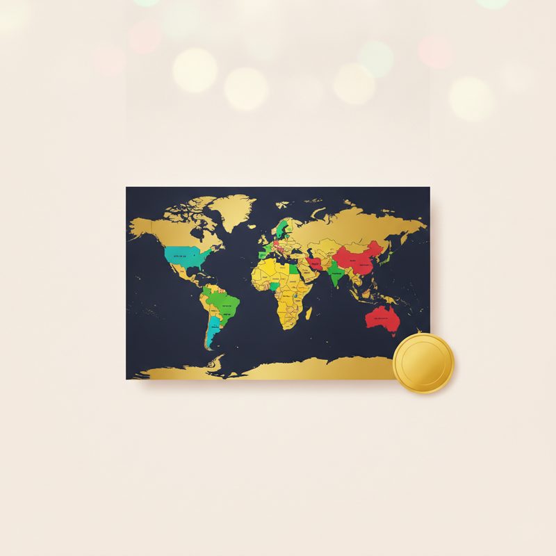 Representative small scratch-off world map with several countries revealed in gold