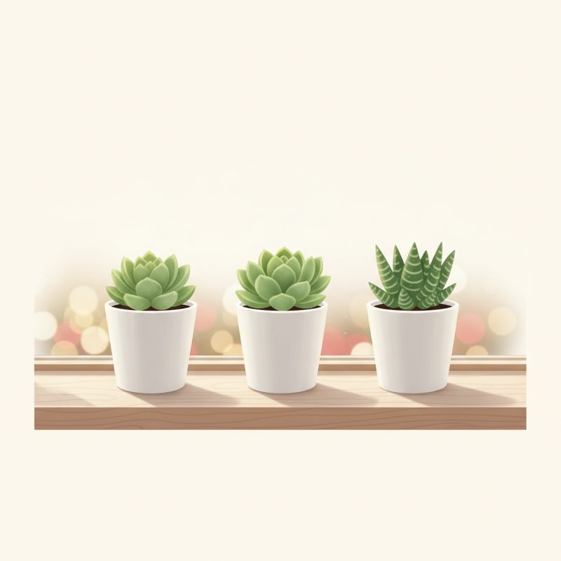 Representative three small potted succulents lined up in simple ceramic pots