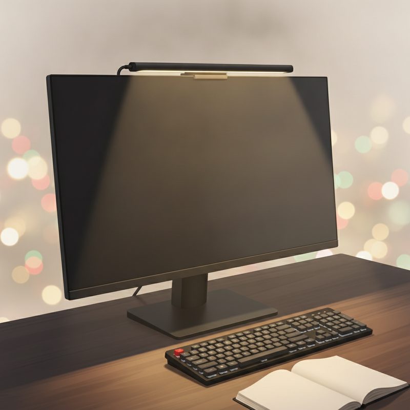 Representative slim light bar mounted atop a computer monitor over a tidy desk