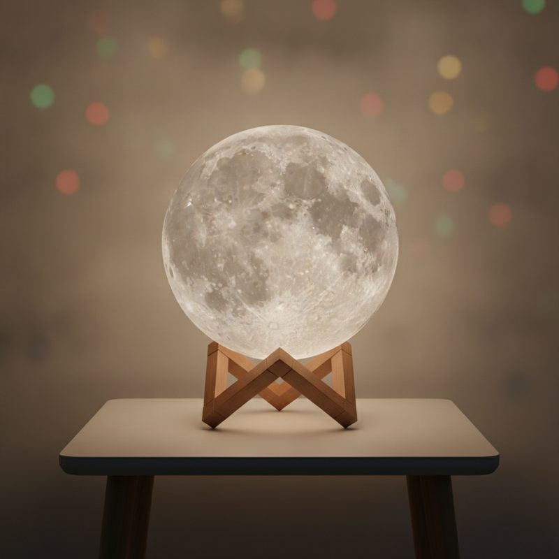 Representative glowing moon-shaped lamp on a wooden stand beside a bed