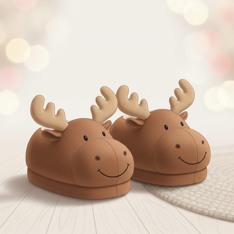 Representative pair of plush brown moose slippers with soft antlers