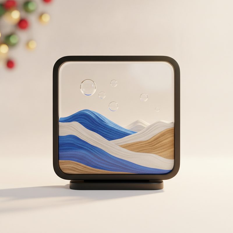 Representative framed sand art picture with layered dunes on a shelf