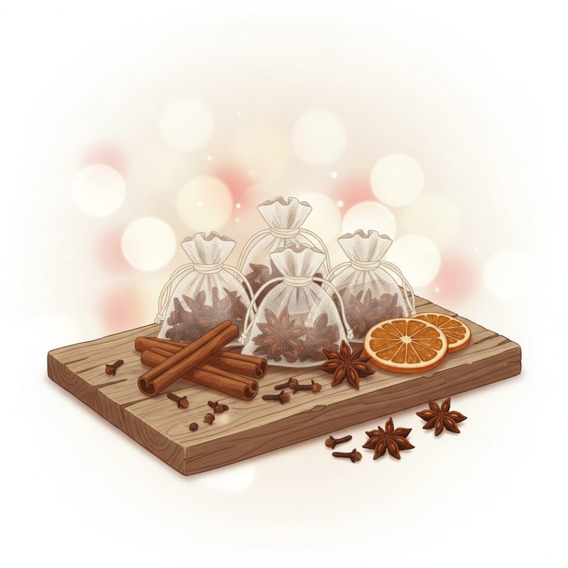 Representative sachets of mulling spices with cinnamon sticks and star anise