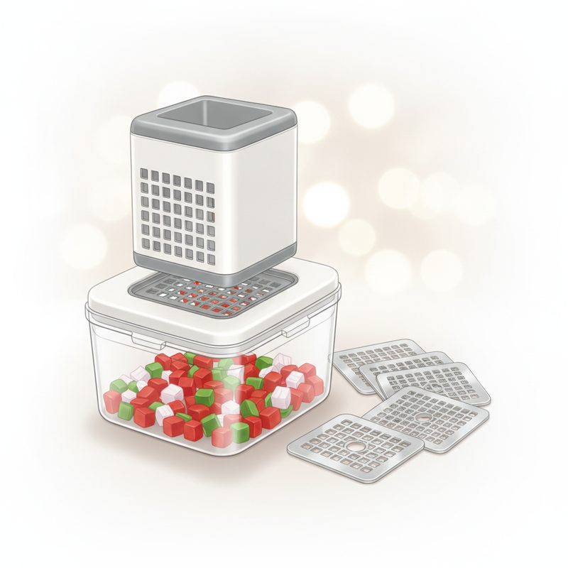 Representative multi veggie chopper with interchangeable blade grids and a catch container