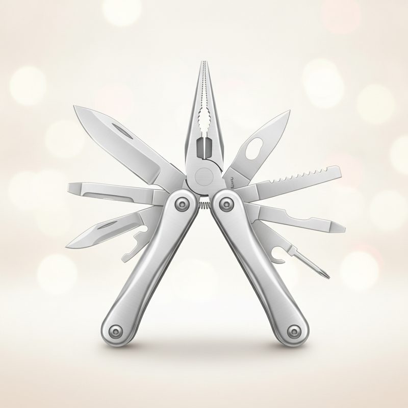 Representative folding multitool with pliers open and tools fanned out on a workbench