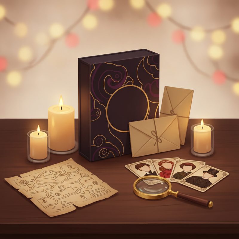 Representative murder mystery party game box with envelopes and character cards