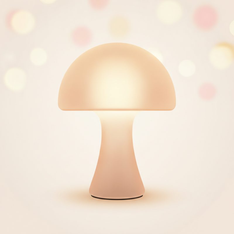Representative mushroom-shaped table lamp glowing warmly on a bedside table