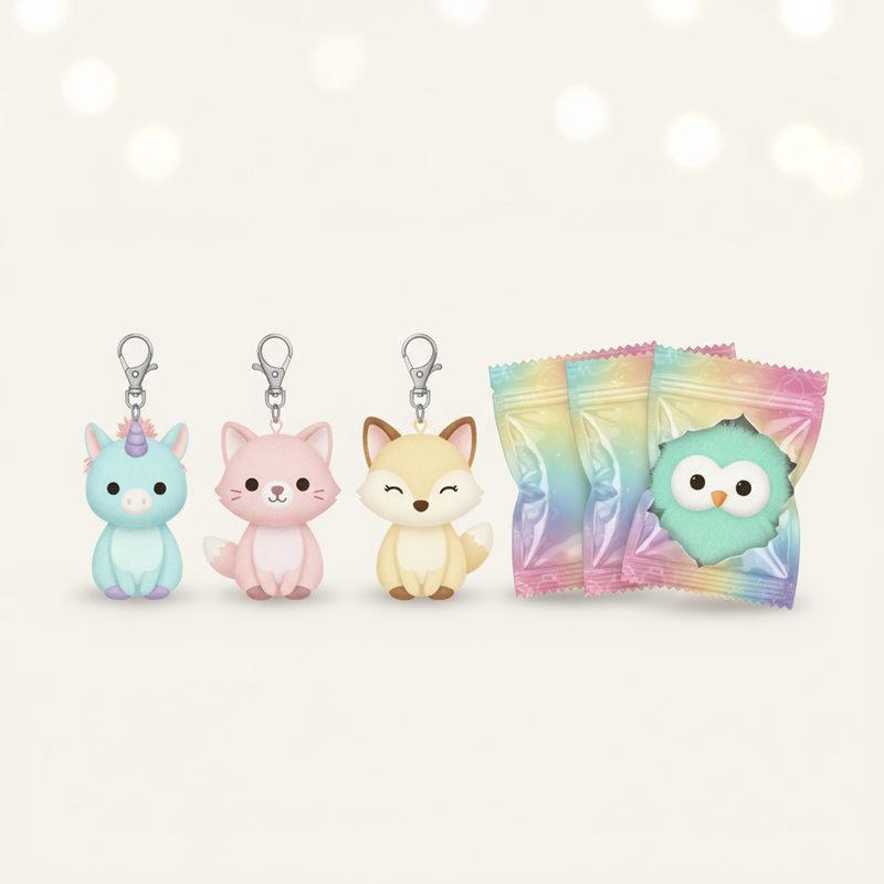 Representative mini plush animal keychains beside sealed mystery bags