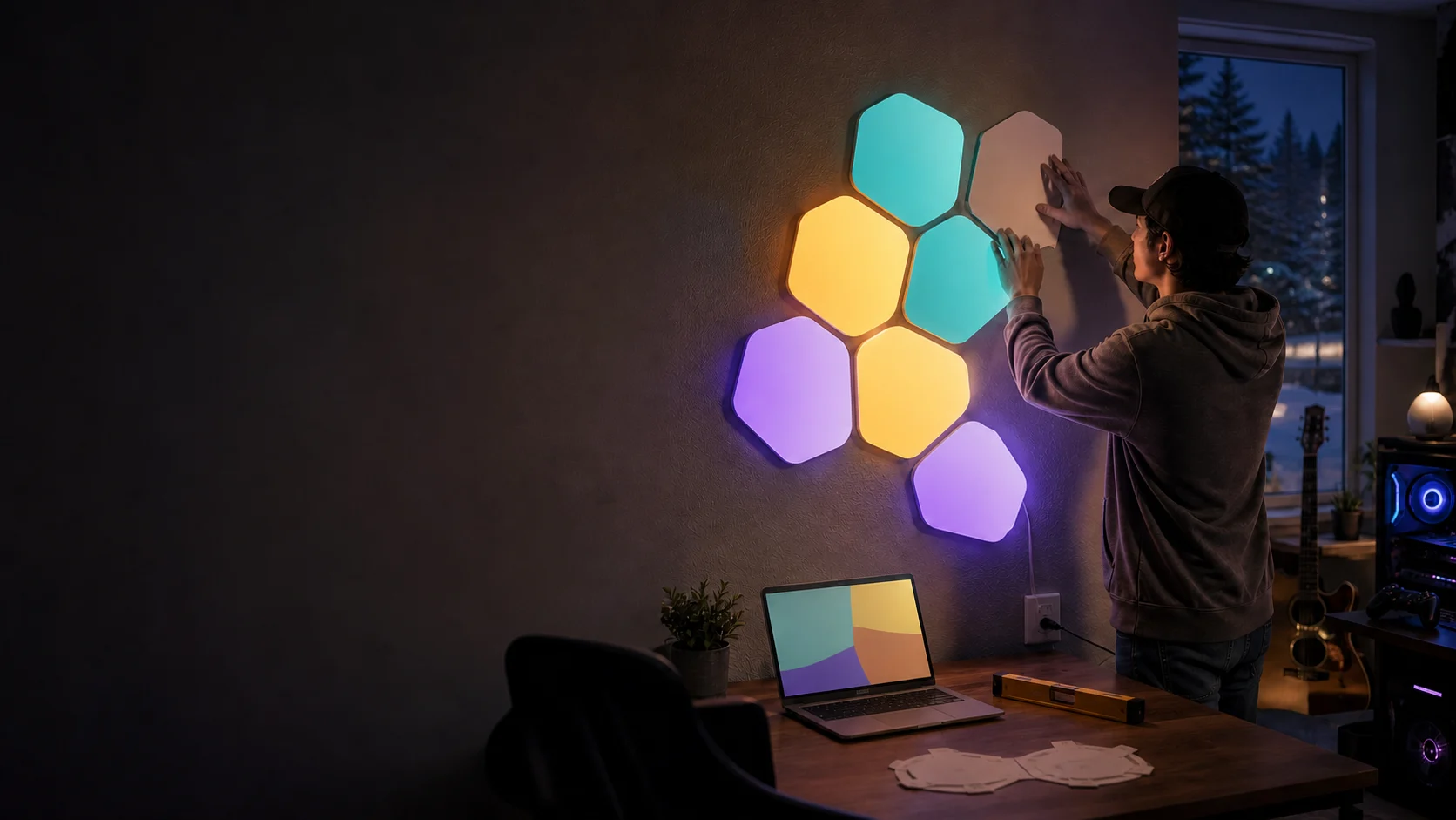 Representative modular wall-light installation being planned above a gaming desk