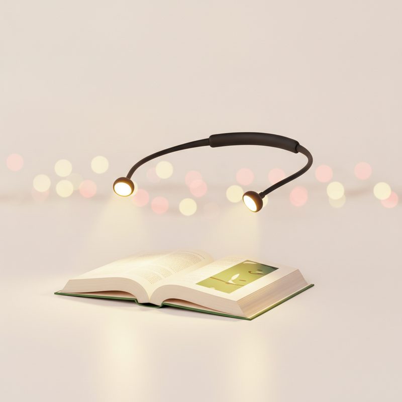 Representative flexible neck light curved around a reader's shoulders over a book