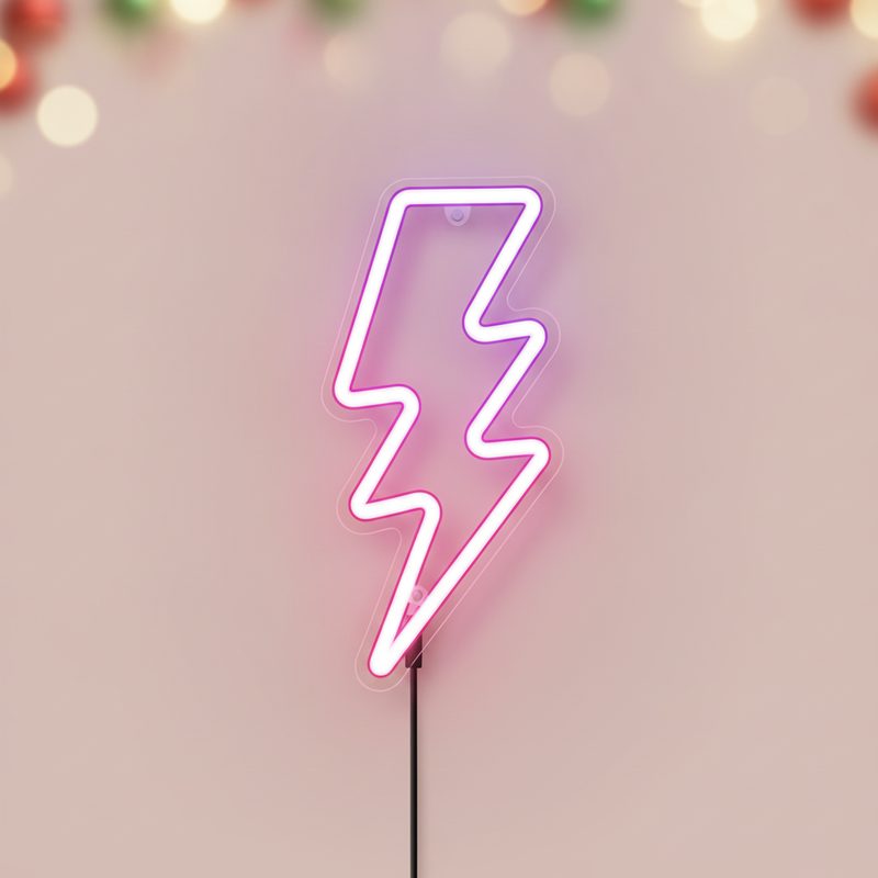 Representative glowing lightning bolt shaped neon light mounted on a dark bedroom wall