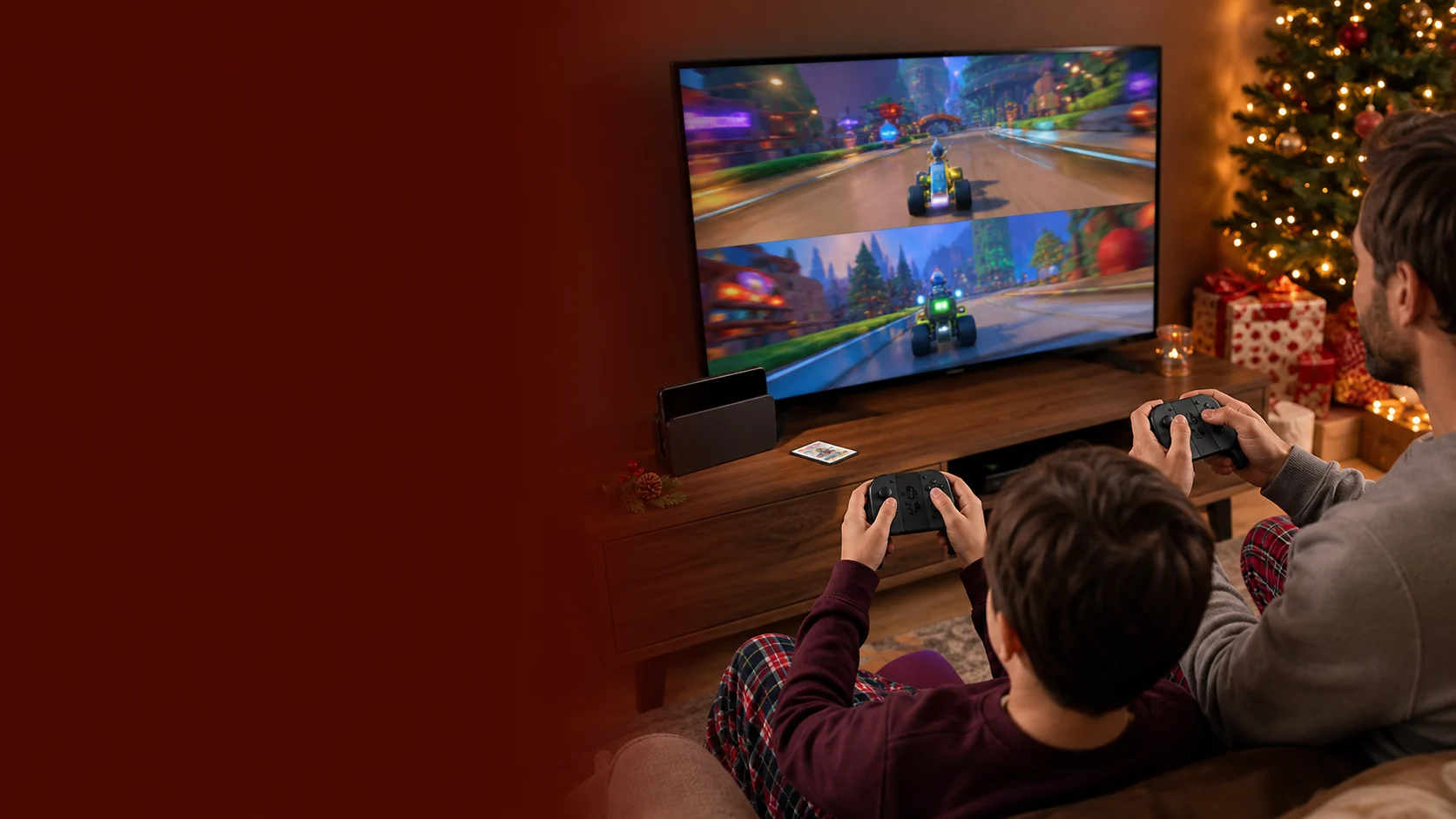 Representative family playing a generic kart racing game on a hybrid console