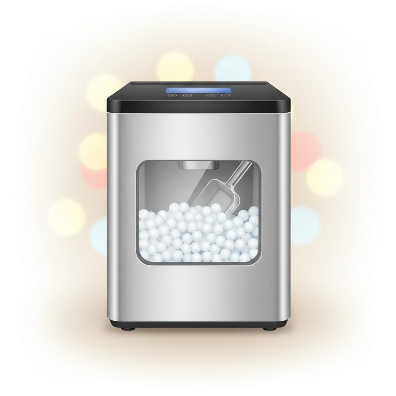 Representative countertop nugget ice maker with a scoop of pebble ice