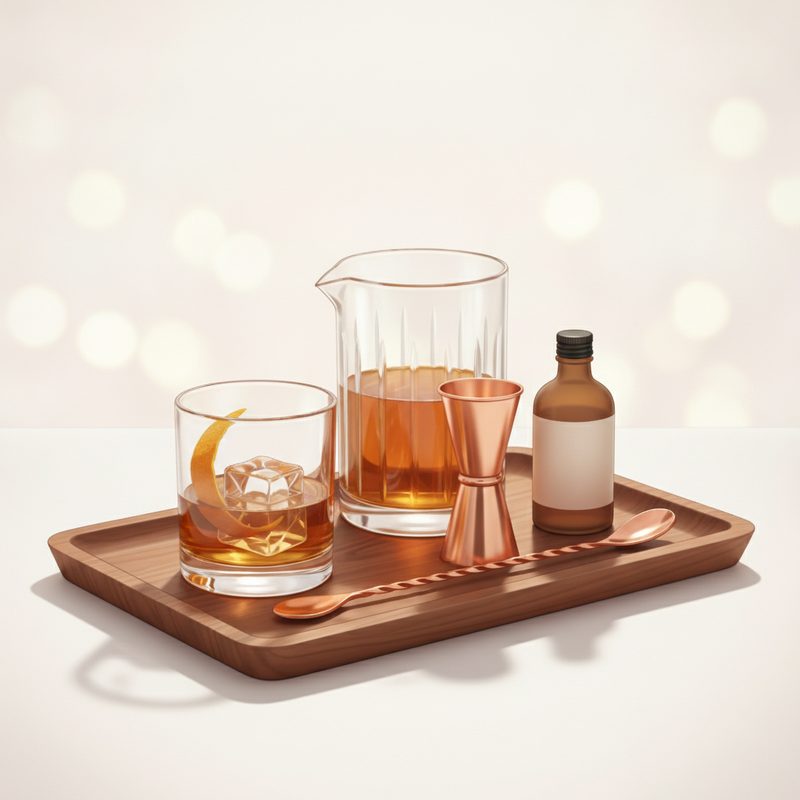 Representative cocktail kit with mixing glass, jigger, bar spoon, and a rocks glass on a tray