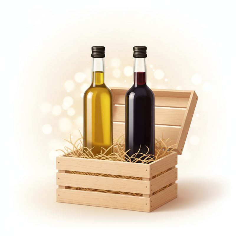 Representative boxed set of olive oil and dark balsamic vinegar bottles