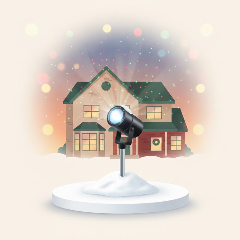 Representative lawn-staked laser projector casting festive dots on a snowy house
