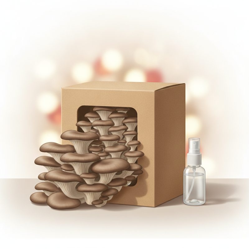 Representative tabletop grow kit box with clusters of oyster mushrooms emerging