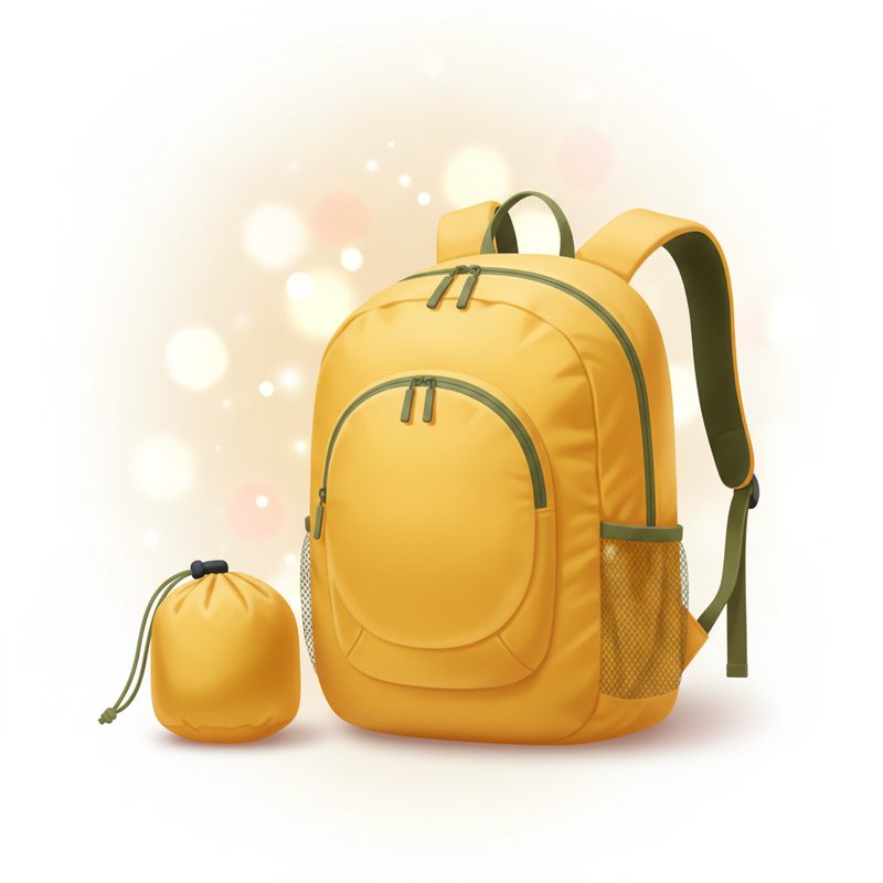 Representative lightweight daypack shown beside its stuffed-down pocket form