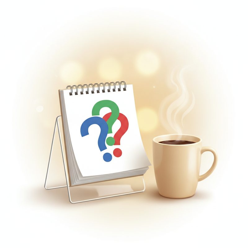 Representative tear-off desk calendar propped open beside a coffee mug