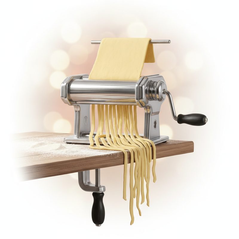Representative stainless pasta maker machine rolling out a fresh sheet of dough