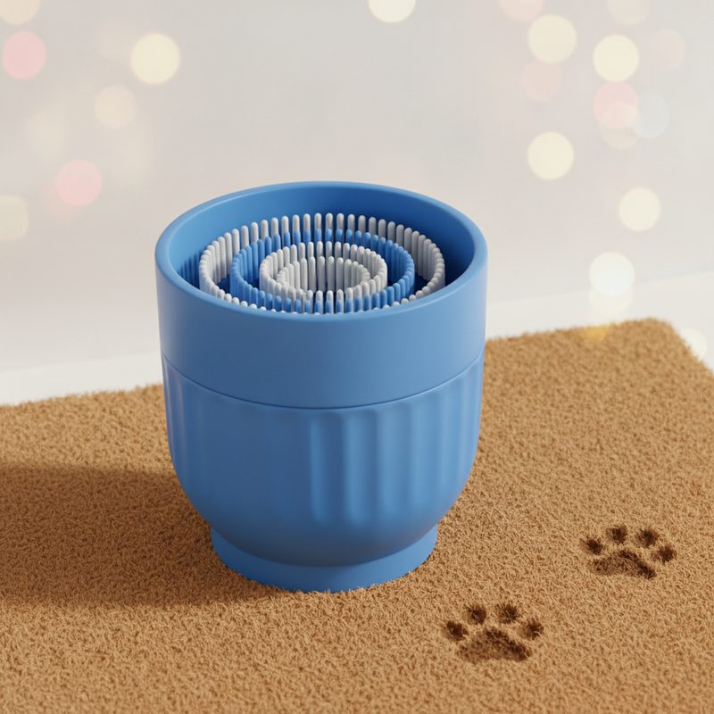 Representative bristled cup cleaning a dog's muddy paw at a doorway