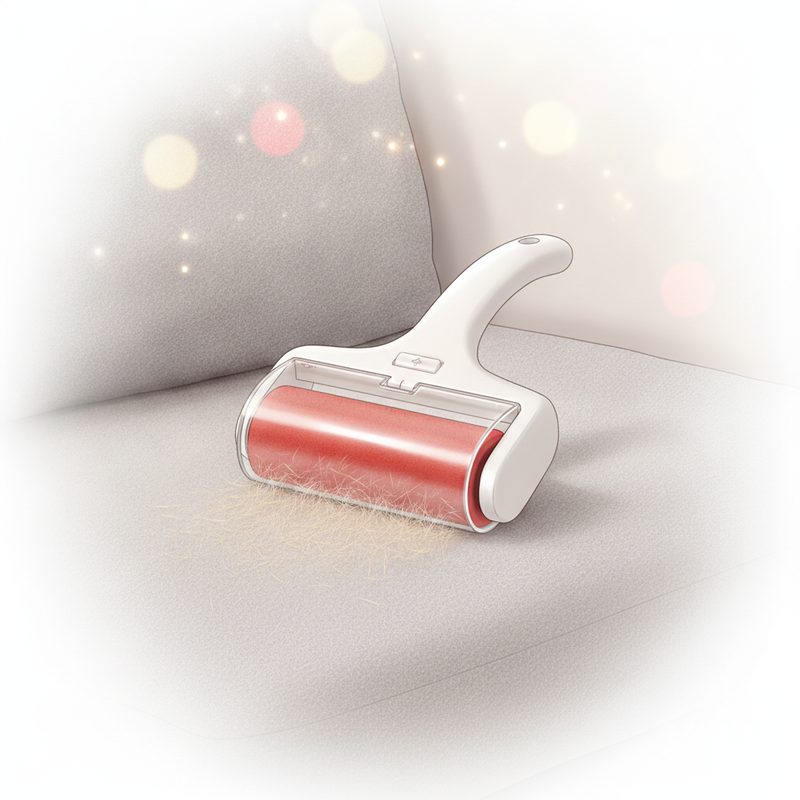 Representative handheld roller lifting fur from a fabric sofa cushion