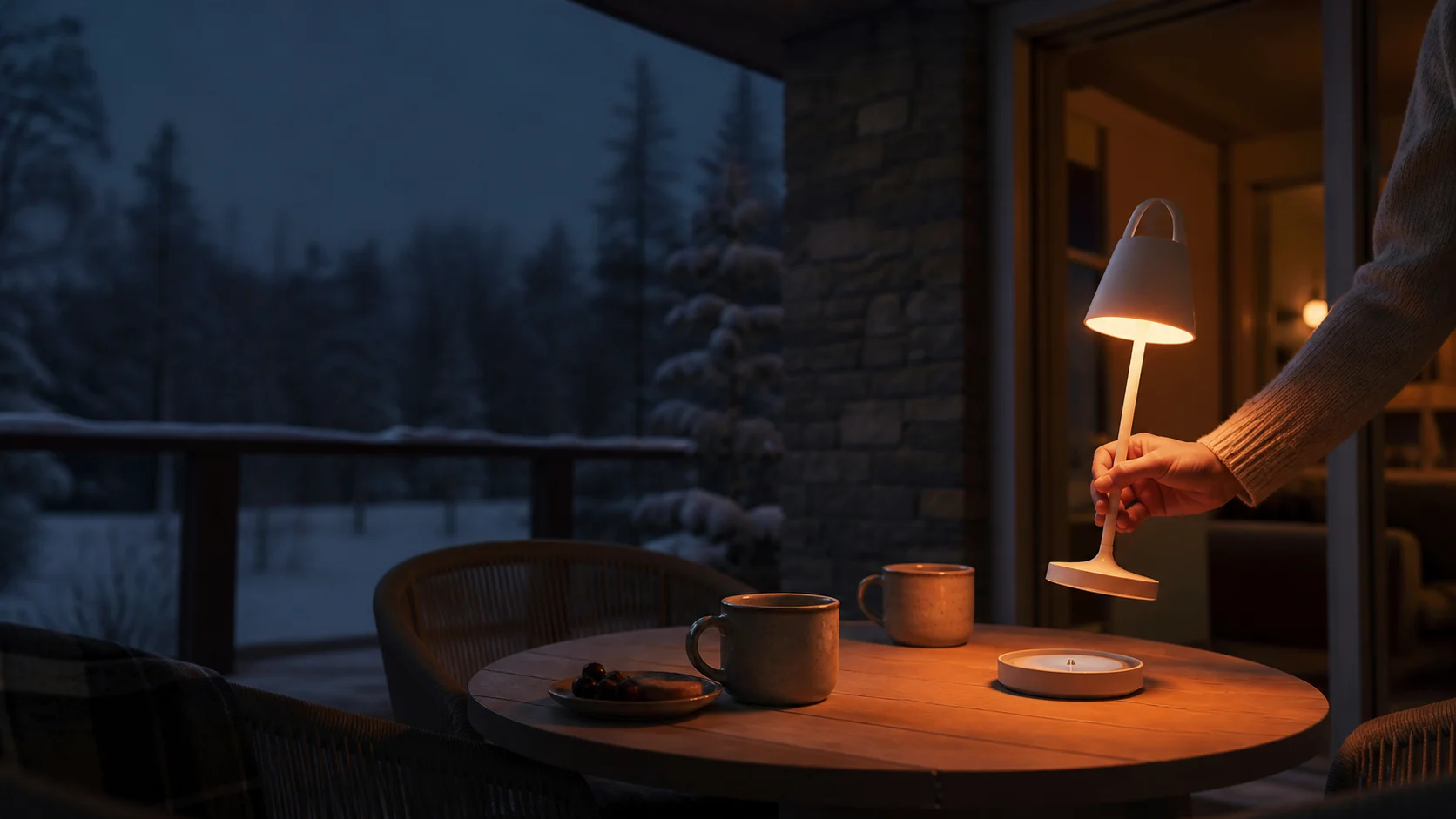 Representative portable ambient lamp being lifted from its charging base on a snowy patio