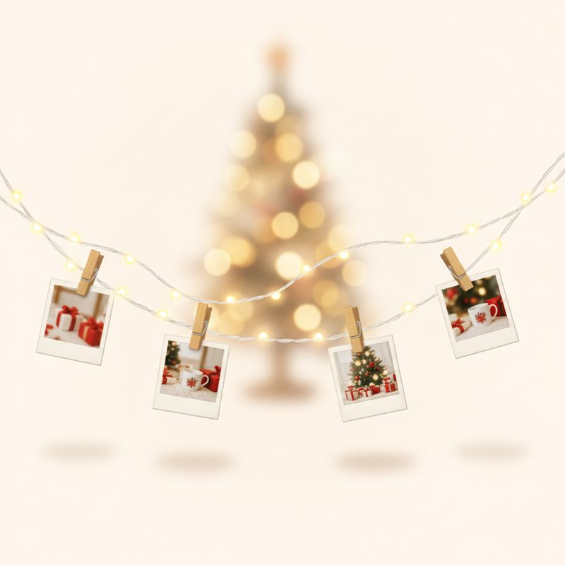 Representative string of warm fairy lights with clips holding small printed photographs