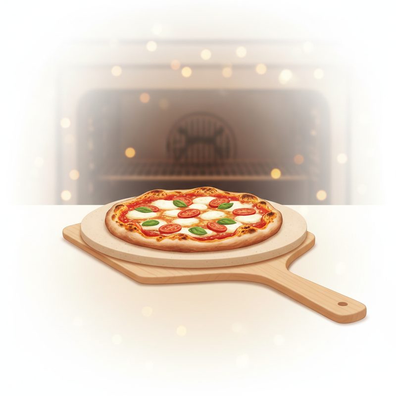Representative round pizza stone with a wooden peel sliding a pizza onto it
