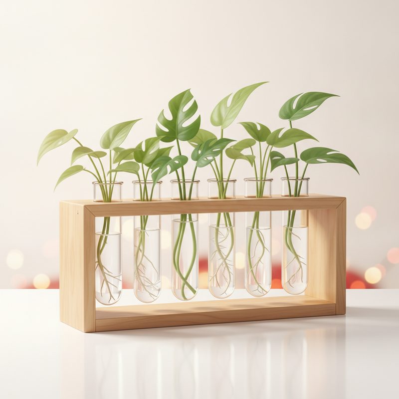 Representative wooden stand holding glass tubes with plant cuttings in water