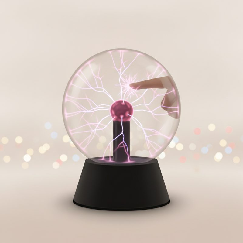 Representative glass plasma ball with purple lightning arcing toward a fingertip