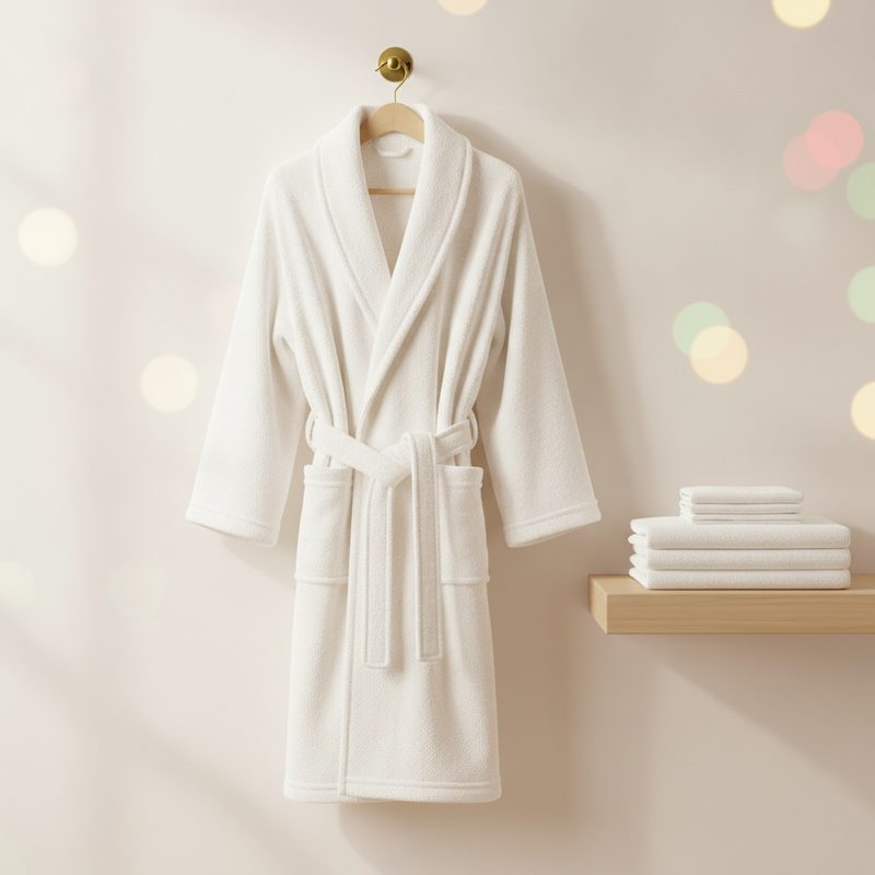 Representative thick white spa robe hanging on a bathroom hook beside folded towels